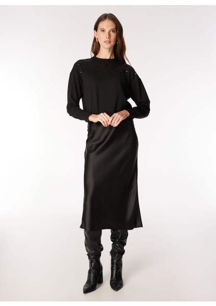 Bisiklet Yaka Payetli Siyah Kadın Sweatshırt F4WL-SWT0130