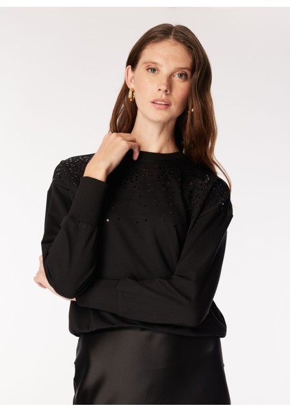 Bisiklet Yaka Payetli Siyah Kadın Sweatshırt F4WL-SWT0130