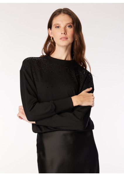Bisiklet Yaka Payetli Siyah Kadın Sweatshırt F4WL-SWT0130