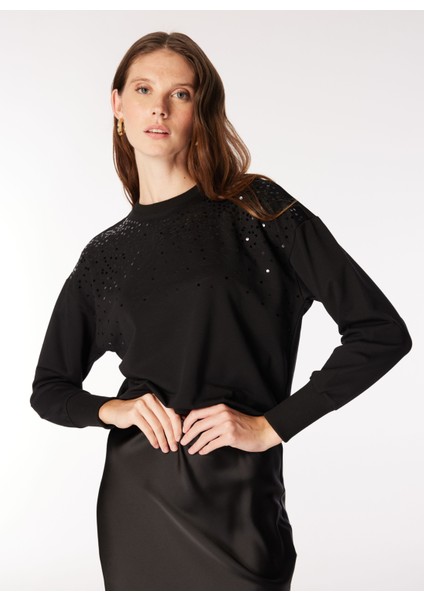 Bisiklet Yaka Payetli Siyah Kadın Sweatshırt F4WL-SWT0130