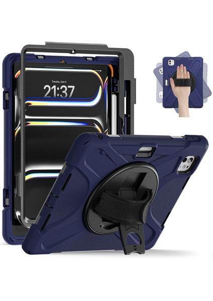 iPad Pro 11 (2024) 360 Derece Döner El Askısı Tpu Pc Silikon Standı Lacivert Tablet Kılıfı (Yurt Dışından)
