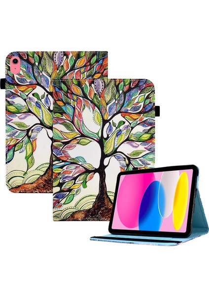 iPad 10.9 (2022) Pu Deri Katlanır Stand Desen Baskı Elastik Bant Kart Tutuculu Hayat Ağacı Tablet Kılıfı (Yurt Dışından)