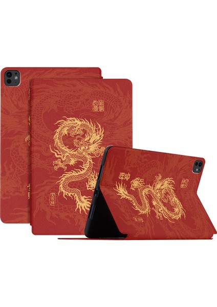 iPad Pro 11 (2024) Pu Deri Loong Desen Standı Tüm Dilekler Gerçek Oluyor Tablet Kılıfı (Yurt Dışından)