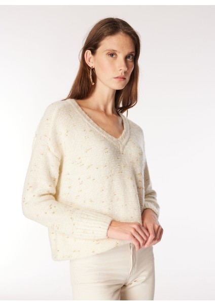 V Yaka Oversize Düz Ekru Kazak Kadın FC4WL-KZK0164