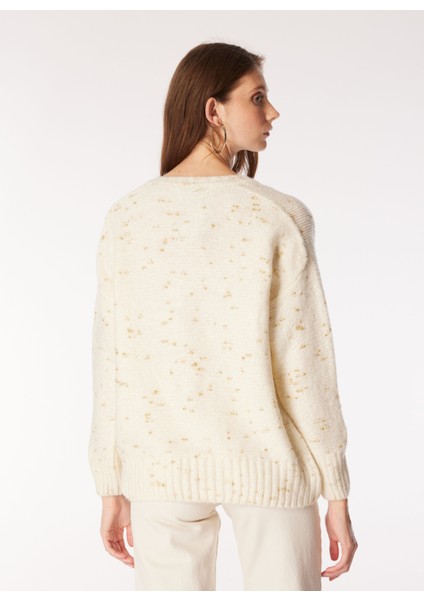 V Yaka Oversize Düz Ekru Kazak Kadın FC4WL-KZK0164