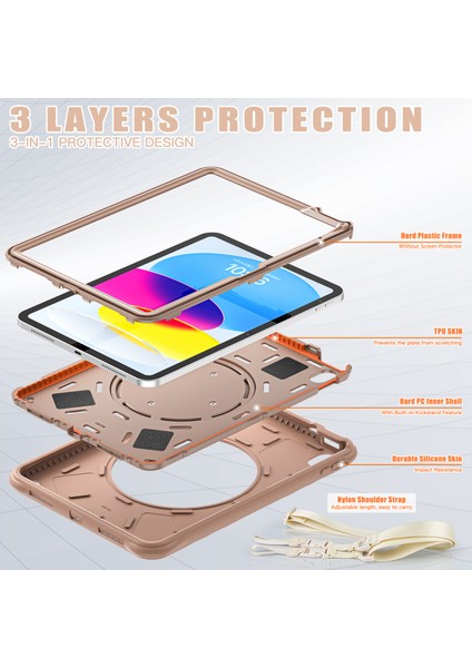 iPad 10.9 (2022) Kolu Tekme Standı Pc Silikon Tpu Omuz Askılı Latte Tablet Kılıfı (Yurt Dışından)