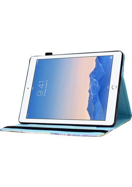 iPad Air (2013) AIR 2 Dikiş Pu Deri Desen Baskı Standı Kart Tutucu Elastik Bant Kapatma Tablet Kılıfı (Yurt Dışından)