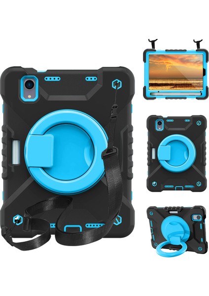 360 Derece Dönen Tekme Standı Çizilmez Düşmez Pc Silikon iPad Mini (2021) Omuz Askılı (2021) SIYAH Tablet Kılıfı (Yurt Dışından)