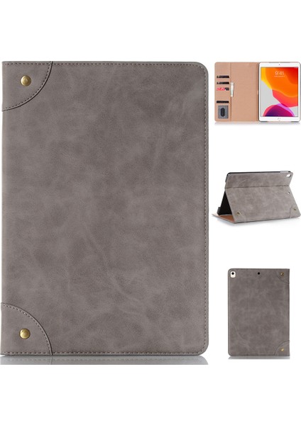 Retro Kitap Desenli Cüzdan Deri iPad 10.2 (2021 2020 2019) PRO 10.5 (2017) GRI Tablet Kılıfı (Yurt Dışından)
