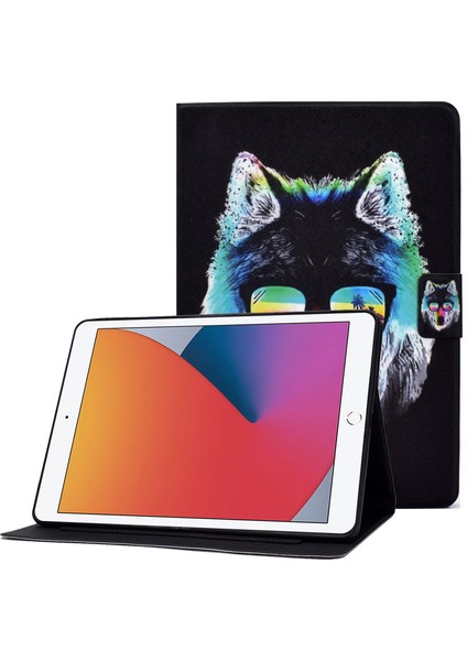 iPad 10.2 (2019 2020) Kart Yuvası Standı Deri Desen Baskı Manyetik Düşme Önleyici Cam Tablet Kılıfı (Yurt Dışından)