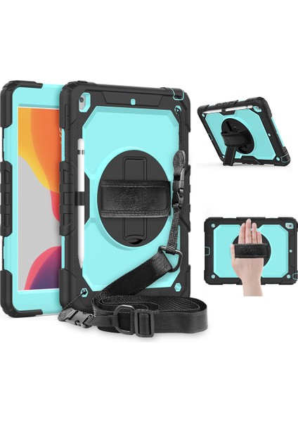 iPad 10.2 (2020 2019) 360° Dönebilen Tekme Standı Pc Silikon El Askısı Omuz Askılı Koruyucu Tablet Kılıfı (Yurt Dışından)
