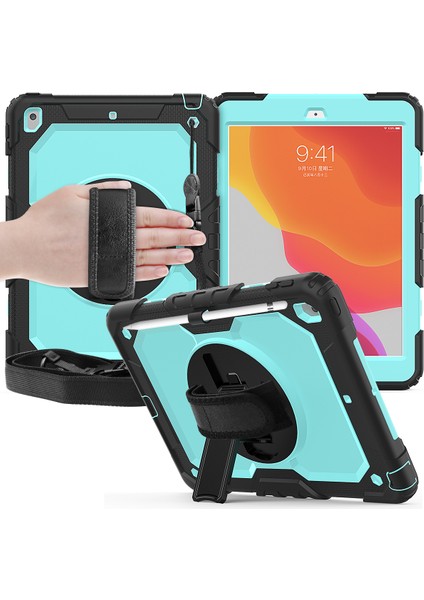 iPad 10.2 (2020 2019) 360° Dönebilen Tekme Standı Pc Silikon El Askısı Omuz Askılı Koruyucu Tablet Kılıfı (Yurt Dışından)