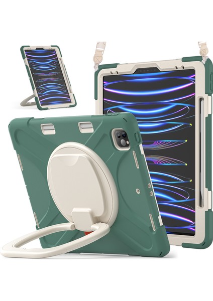 Kalem Manyetik Emilmiş Fonksiyon Tamı Taşınabilir Hibrit iPad Pro 360° Dönebilen Tekme Standı Omuz Askılı iPad Pro 12 9 Inç Zümrüt i Tablet Kılıfı (Yurt Dışından)