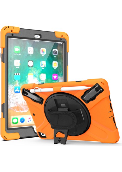360° Dönebilen Ayaklı Pc iPad 9 7 Inç (2018) Kullanışlı Kayışlı Silikon Combo Turuncu Tablet Kılıfı (Yurt Dışından)