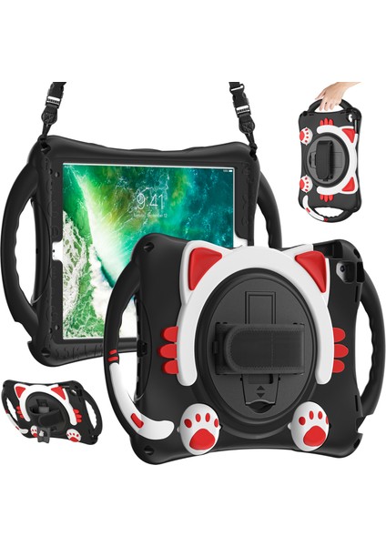 360° Döner Tekme Standı iPad 9 7 Inç (2017 2018) Omuz Askılı Hibrit El Bandı Tablet Kılıfı (Yurt Dışından)