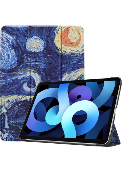 Desen Baskı Pu Deri Üç Katlı Stand iPad Air 11 (2024) AIR (2022 2020) STARRY Night Van Gogh Tablet Kılıfı (Yurt Dışından)
