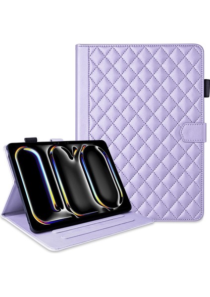 iPad Pro 13 (2024) Kart Tutucu Eşkenar Dörtgen Izgara Pu Deri Standı Tablet Kılıfı (Yurt Dışından)