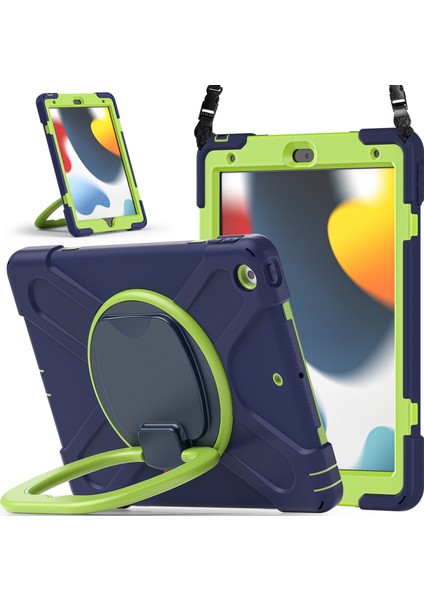 iPad 10.2 (2019 2020 2021) Döner Tekme Standı Pc Omuz Askılı Silikon Lacivert Tablet Kılıfı (Yurt Dışından)