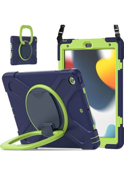 iPad 10.2 (2019 2020 2021) Döner Tekme Standı Pc Omuz Askılı Silikon Lacivert Tablet Kılıfı (Yurt Dışından)