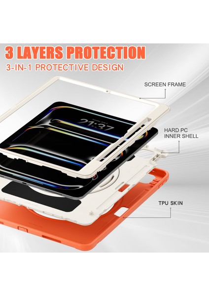 iPad Pro 13 (2024) El Kavrama Tekme Standı Pc Tpu Kalem Yuvası ile Mercan Turuncu Tablet Kılıfı (Yurt Dışından)