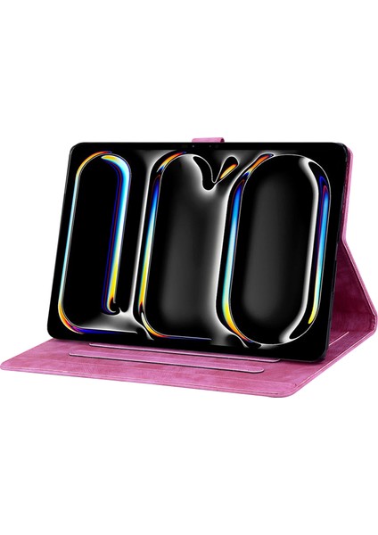 iPad Pro 11 (2024) Kart Yuvası Deri Baskılı Çiçek Kedi Desen Tablet Kılıfı (Yurt Dışından)