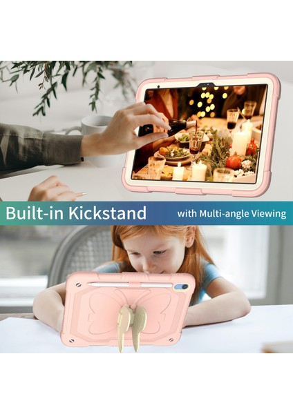 iPad 10.9 (2022) Çift Silikon Pc Şekli Tekme Standı Omuz Askılı Düşmeyi Önleyici Koruyucu Bej Tablet Kılıfı (Yurt Dışından) modelleri