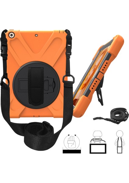 iPad 9.7 (2018 2017) X Shape 360 Derece Dönebilen Pc Tpu Omuz Askılı Combo Standı Turuncu Tablet Kılıfı (Yurt Dışından)