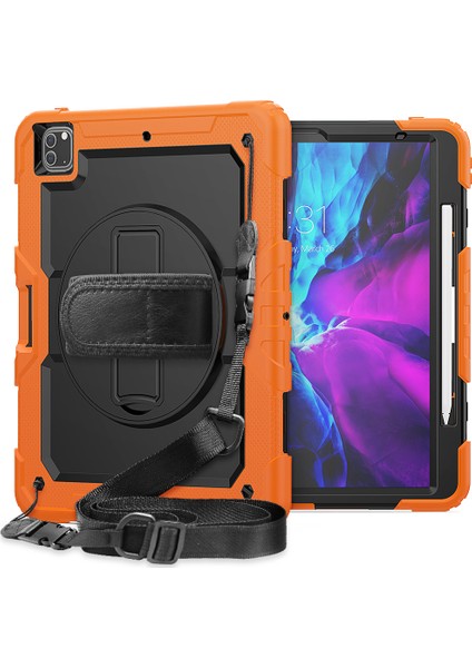 iPad Pro 12.9 360° Dönebilen Tekme Standı Pc Silikon El Kayışı Omuz Askılı Koruyucu Turuncu Tablet Kılıfı (Yurt Dışından)