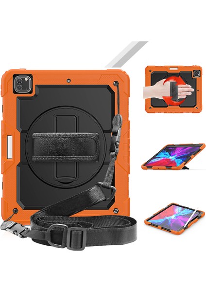 iPad Pro 12.9 360° Dönebilen Tekme Standı Pc Silikon El Kayışı Omuz Askılı Koruyucu Turuncu Tablet Kılıfı (Yurt Dışından)