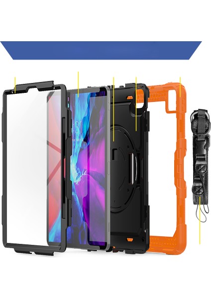 iPad Pro 12.9 360° Dönebilen Tekme Standı Pc Silikon El Kayışı Omuz Askılı Koruyucu Turuncu Tablet Kılıfı (Yurt Dışından)