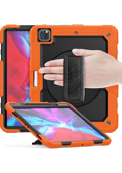iPad Pro 12.9 360° Dönebilen Tekme Standı Pc Silikon El Kayışı Omuz Askılı Koruyucu Turuncu Tablet Kılıfı (Yurt Dışından)