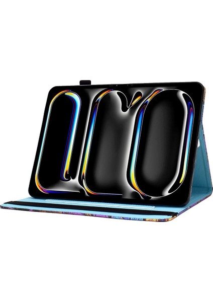 iPad Pro 11 (2024) Deri Desen Baskı Elastik Bant Kart Yuvası Çiçek Tablet Kılıfı (Yurt Dışından)