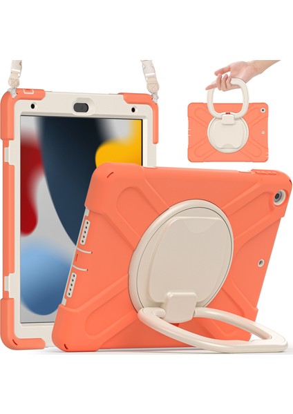 iPad 10.2 (2019 2020 2021) Döner Tekme Standı Pc Omuz Askılı Silikon Mercan Turuncu Tablet Kılıfı (Yurt Dışından)