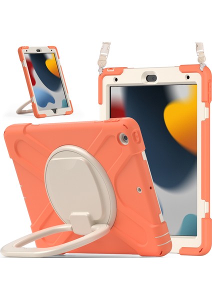 iPad 10.2 (2019 2020 2021) Döner Tekme Standı Pc Omuz Askılı Silikon Mercan Turuncu Tablet Kılıfı (Yurt Dışından)