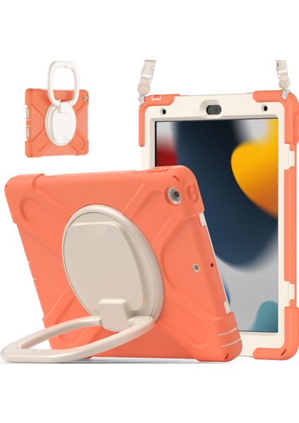 iPad 10.2 (2019 2020 2021) Döner Tekme Standı Pc Omuz Askılı Silikon Mercan Turuncu Tablet Kılıfı (Yurt Dışından)