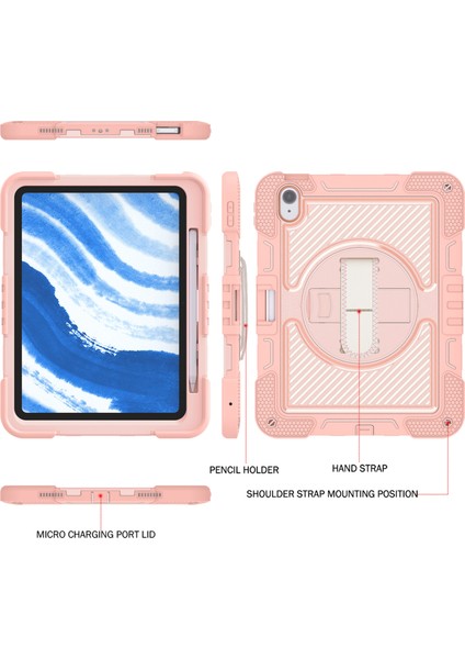 iPad Air 11 (2024) Dönebilen Tekme Standı Silikon Omuz Askılı Pc Tablet Kılıfı (Yurt Dışından)