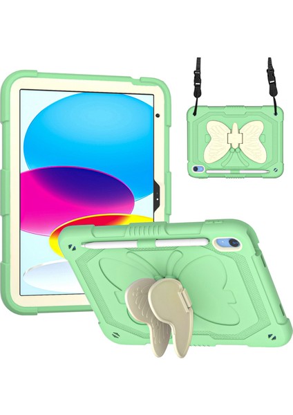 iPad 10.9 (2022) Çift Silikon Pc Şekli Tekme Standı Omuz Askılı Düşmeyi Önleyici Koruyucu Bej Tablet Kılıfı (Yurt Dışından)