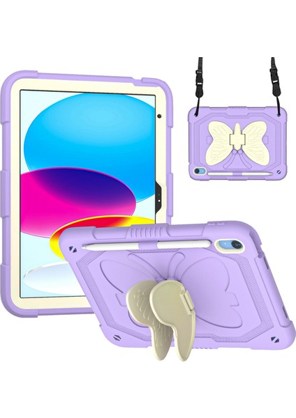 iPad 10.9 (2022) Çift Silikon Pc Şekli Tekme Standı Omuz Askılı Düşmeyi Önleyici Koruyucu Bej Tablet Kılıfı (Yurt Dışından)