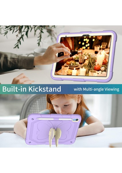 iPad 10.9 (2022) Çift Silikon Pc Şekli Tekme Standı Omuz Askılı Düşmeyi Önleyici Koruyucu Bej Tablet Kılıfı (Yurt Dışından) modelleri