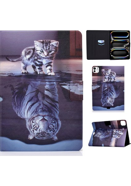 A1 iPad Pro 11 (2024) Kart Tutucu Standı Deri Kedi ve Kaplan Tablet Kılıfı (Yurt Dışından)