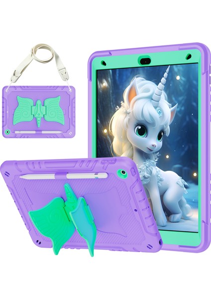 iPad 10.2 (2019 2020 2021) Silikon Pc Unicorn Standı Omuz Askılı Nane i Tablet Kılıfı (Yurt Dışından)