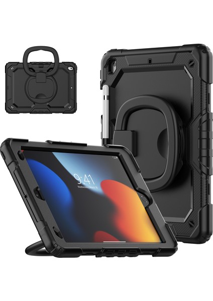 iPad 10.2 (2019 2020 2021) Düşmeye Dayanıklı 360 Derece Dönen Tekme Standı Pc Omuz Askılı Silikon Tablet Kılıfı (Yurt Dışından)