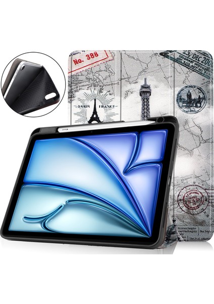 iPad Air 11 (2024) Kalem Yuvası ve Üç Katlı Stand Vintage Tower ile Desenli Baskı Koruyucu Tablet Kılıfı (Yurt Dışından)