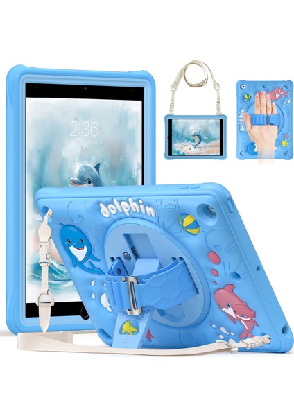 iPad 10.2 (2019 2020 2021) Omuz Askılı Standı Pc Silikon Tpu Sevimli Yunus Tablet Kılıfı (Yurt Dışından)