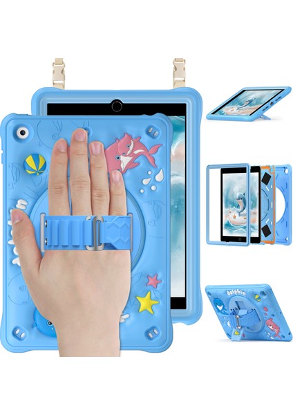 iPad 10.2 (2019 2020 2021) Omuz Askılı Standı Pc Silikon Tpu Sevimli Yunus Tablet Kılıfı (Yurt Dışından)