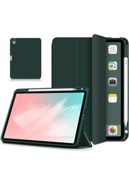 iPad Air 11 (2024) AIR (2020) AIR (2022) YEŞIL Otomatik Uyandırma uyku Litch Deri Pu Deri Üç Katlı Stand ve Kalem Tutucu Tablet Kılıfı (Yurt Dışından)