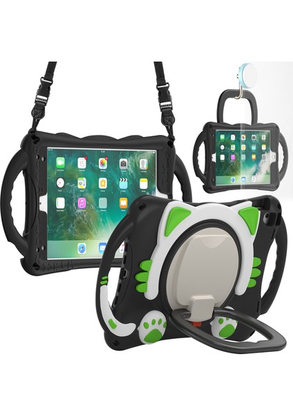 Döner Tekme Standı iPad 9 7 Inç (2017 2018) Ağır Hizmet Silikonu Sert Pc Hibrit Koruyucu ve Omuz Askısı Tablet Kılıfı (Yurt Dışından)
