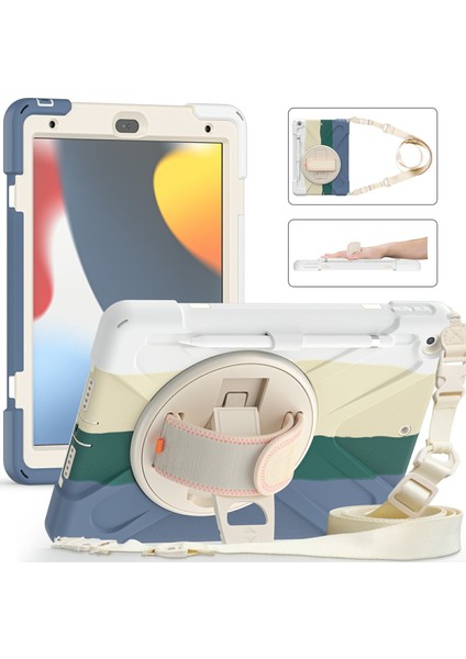 iPad 10.2 (2019 2020 2021) 360 Derece Dönebilen Tekme Standına Sahip El Bandı Kayışı Tamlı Tablet Kılıfı (Yurt Dışından)