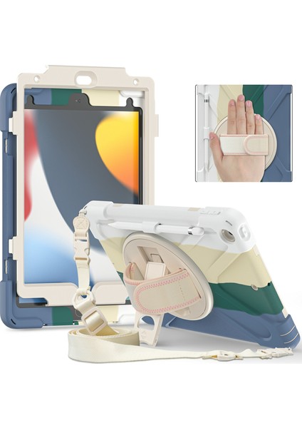 iPad 10.2 (2019 2020 2021) 360 Derece Dönebilen Tekme Standına Sahip El Bandı Kayışı Tamlı Tablet Kılıfı (Yurt Dışından) fiyatları