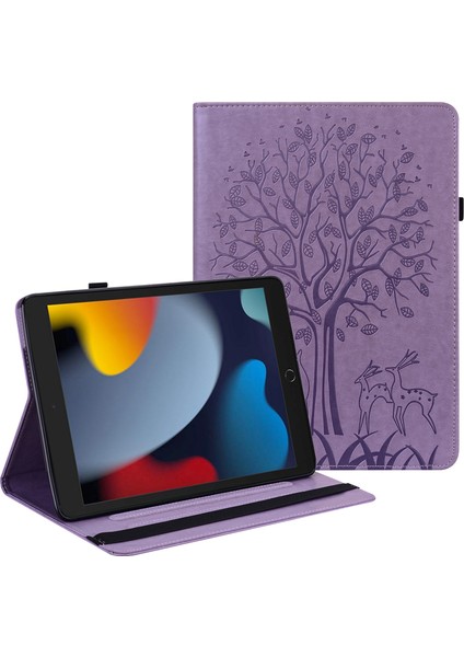 Ağaç ve Geyik Desenli Baskılı Narin Deri Stand iPad 10.2 (2019 2020 2021) Tablet Kılıfı (Yurt Dışından)